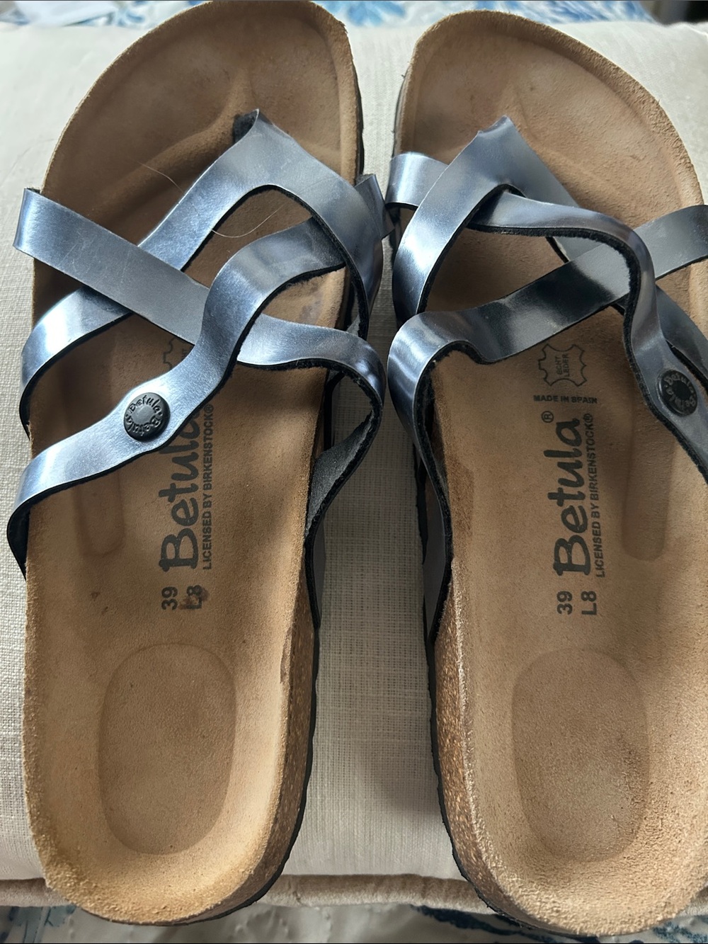 Birkenstock-Betula Size 8 Women's Metallic Silver Strappy Cork Footbed Sandals